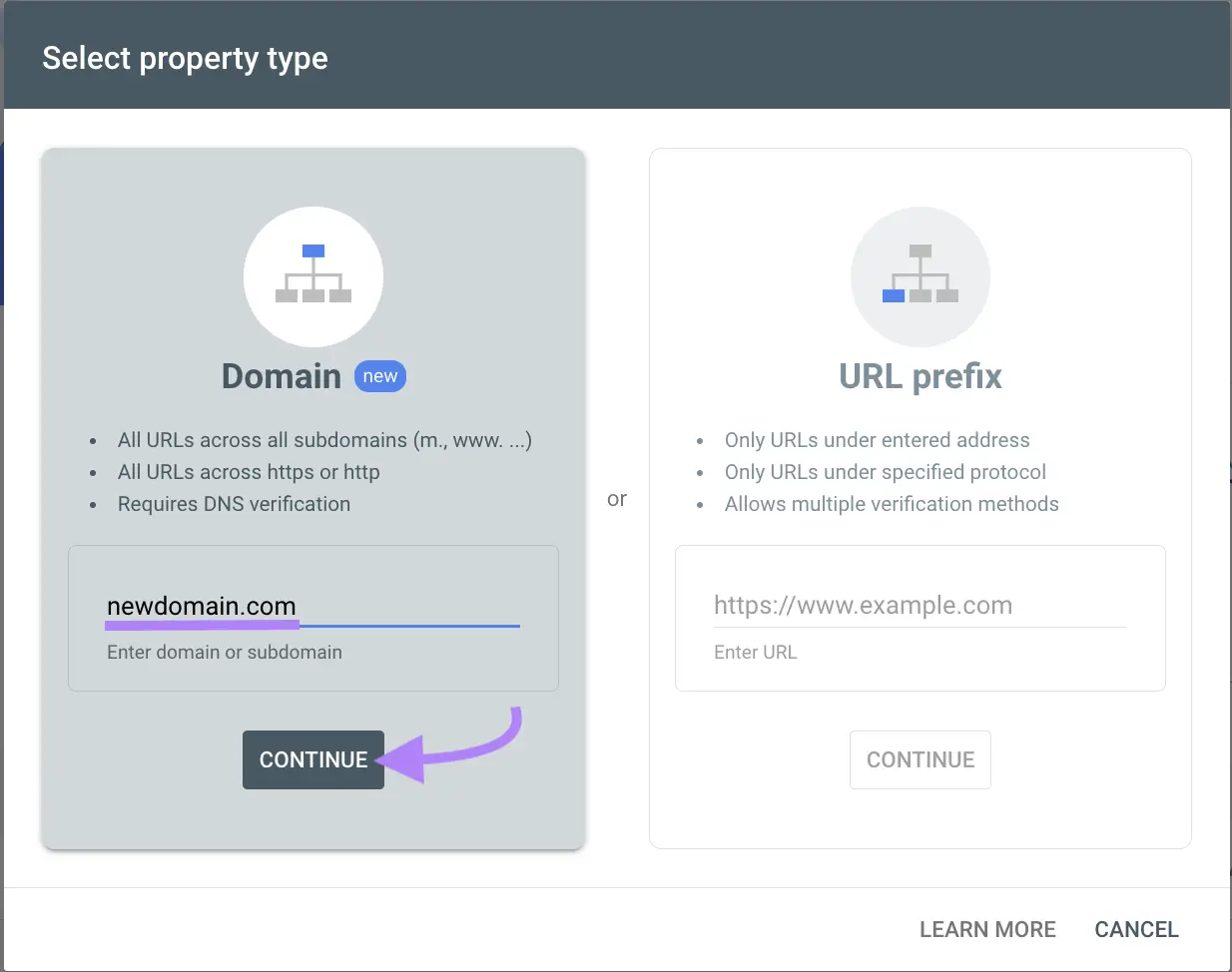 new domain entered into domain property type