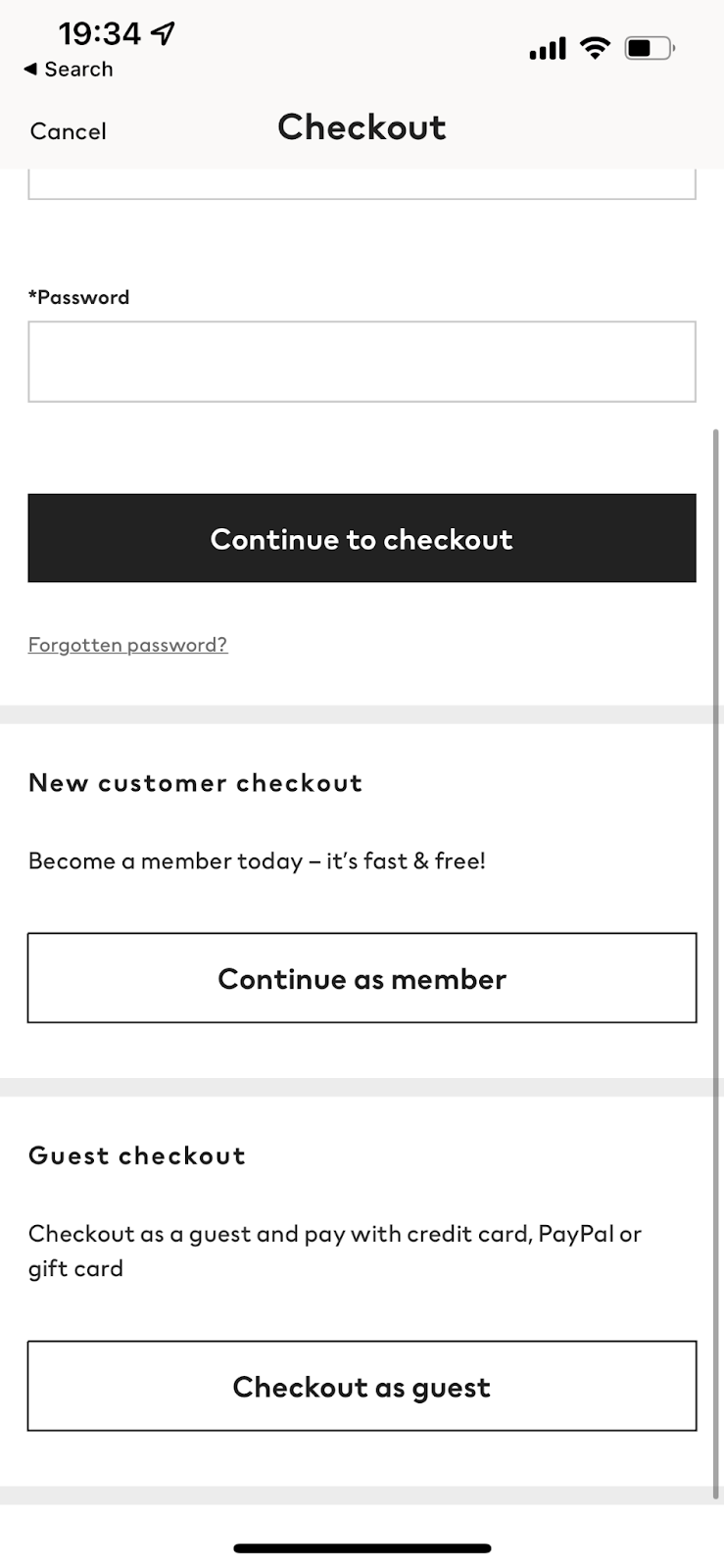 H&M's checkout page with "Continue as member" and "Checkout as guest" options