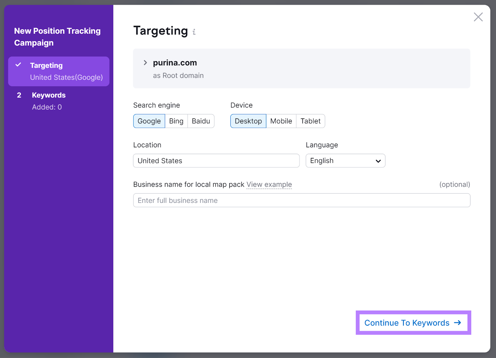 Targeting configuration with location set to United States and 'Continue to keywords' button highlighted