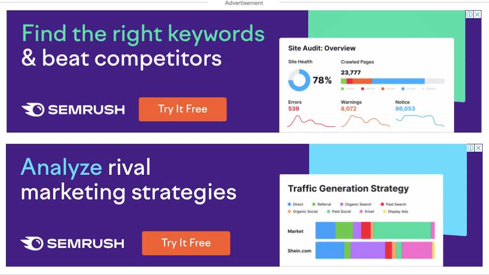 Display ads by Semrush showing elements similar  solution   to a occupation   and a wide   CTA "try it free".