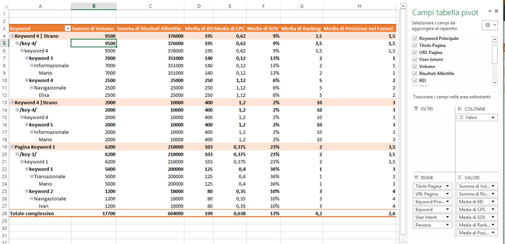 Organizzare tutti i dati sulle keyword in una tabella pivot