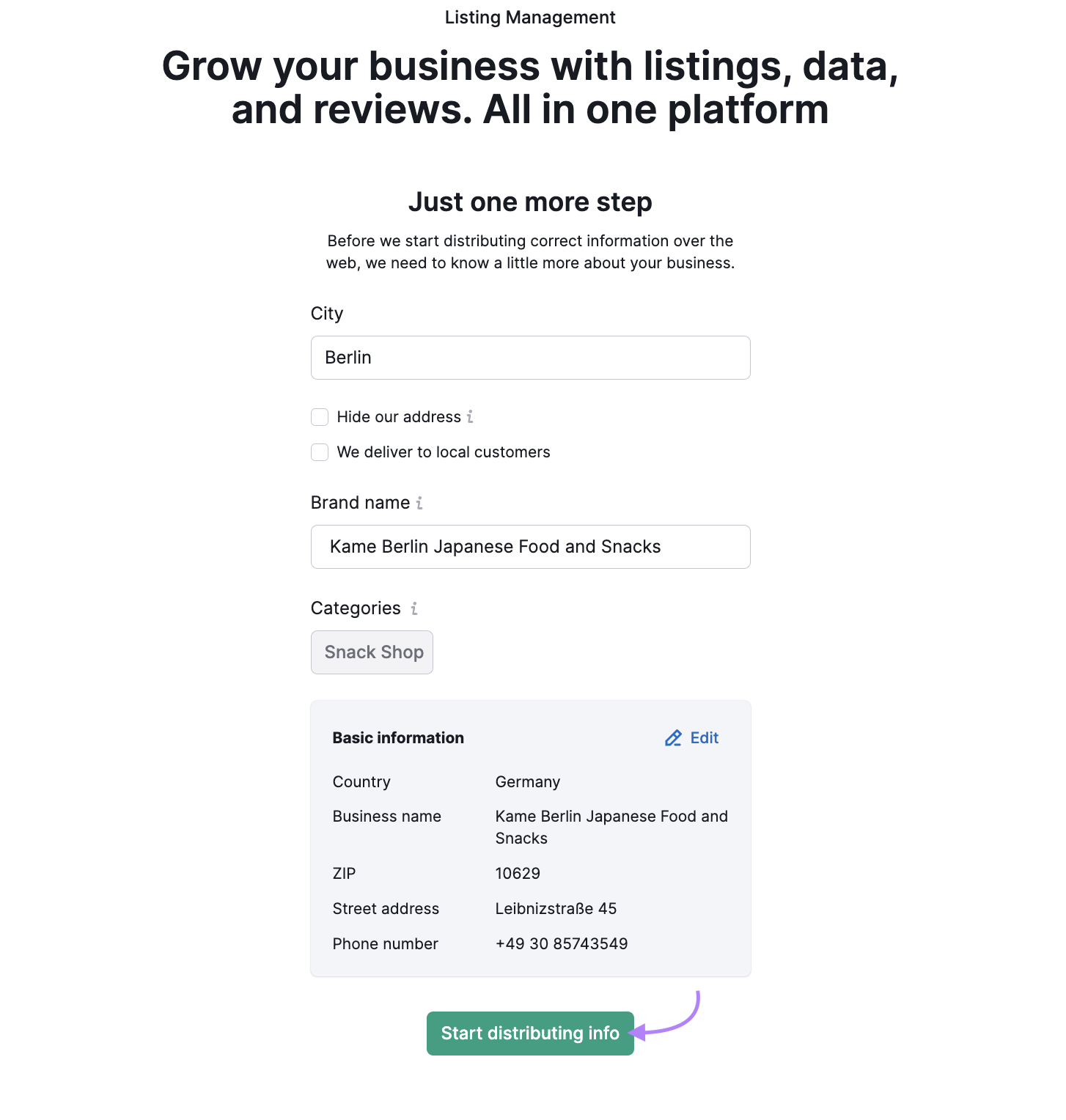 Enter your business information in Listing Management tool