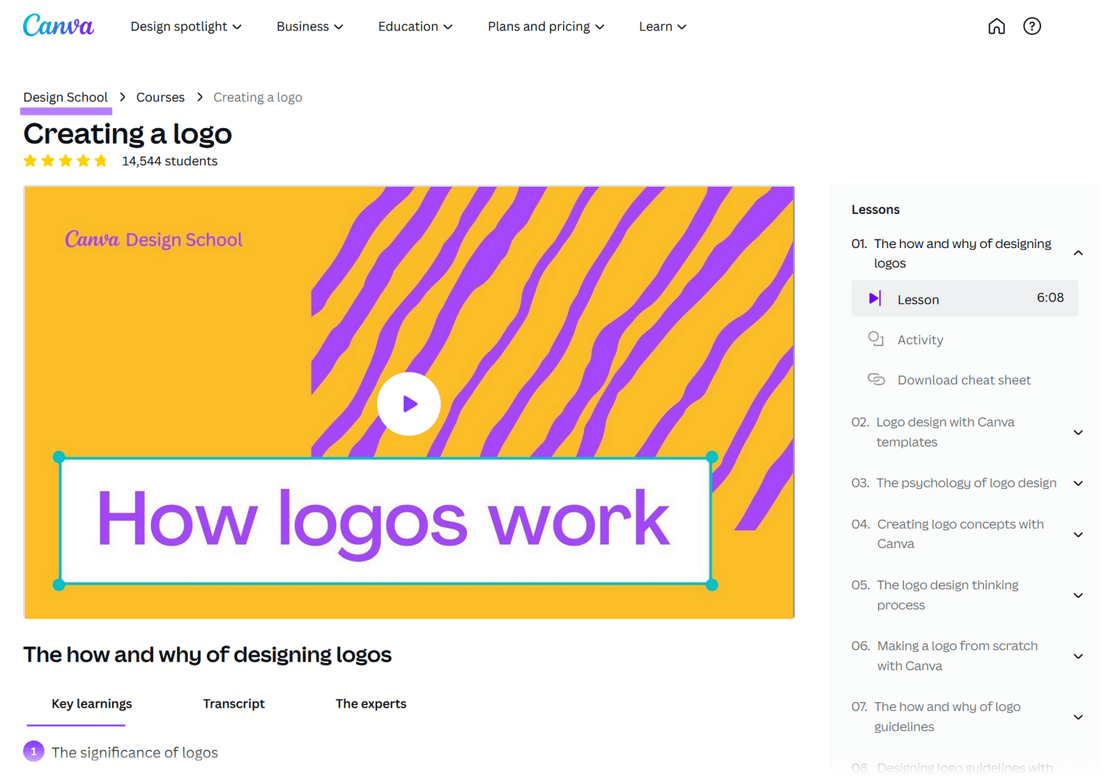 Canva's Design School page showing a B2B video content example of how to create a logo