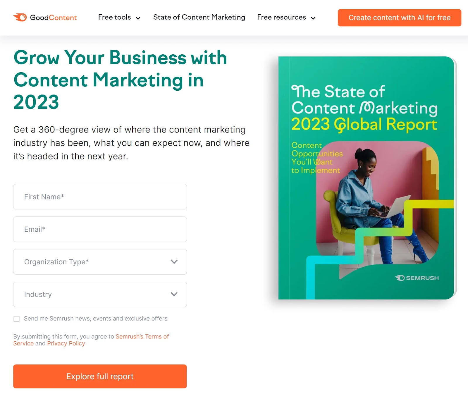 Semrush's The State of Marketing 2023 Global Report landing page