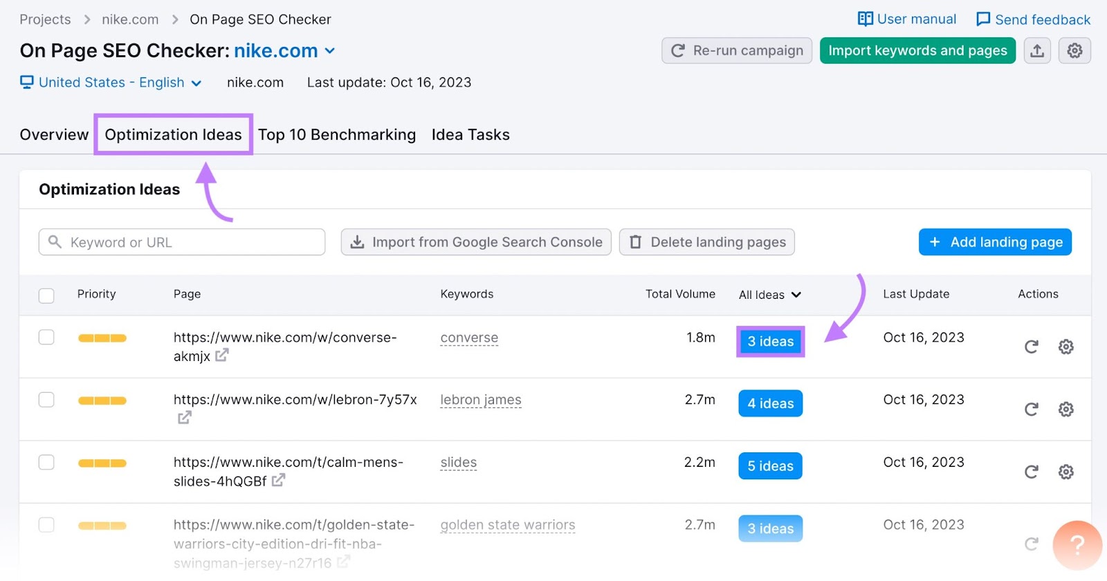 “Optimization Ideas” report in On Page SEO Checker tool