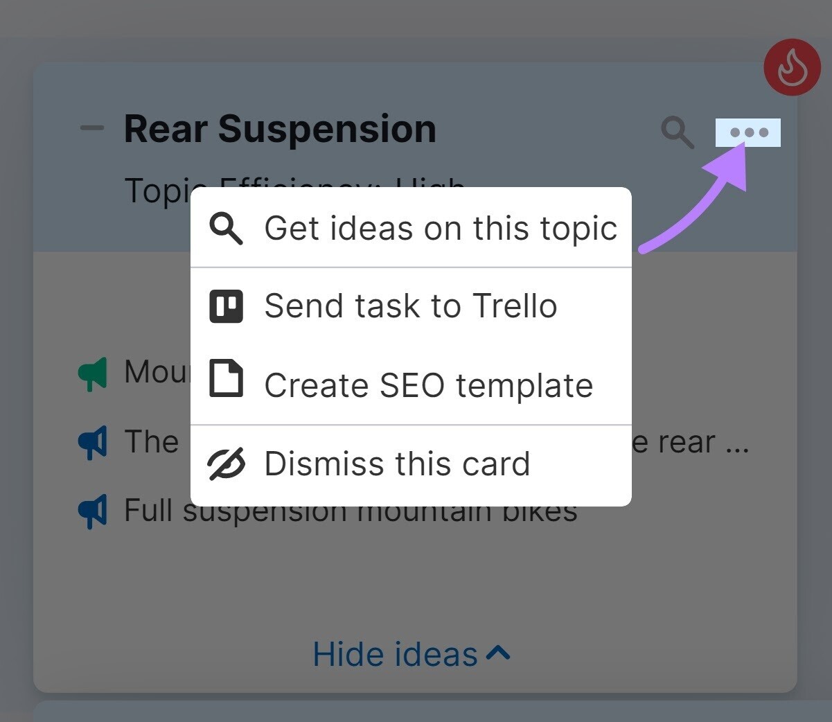 Menu "..." ouvert avec les options "Obtenir des idées sur ce sujet" " Envoyer la tâche à Trello " " Créer un modèle SEO " et " Ignorer cette carte "