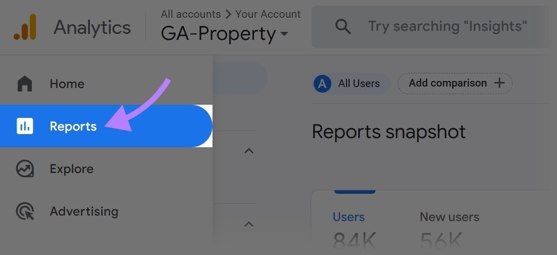 “Reports” button in Google Analytics