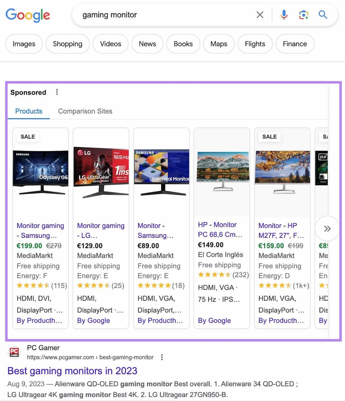 anuncios de productos en los resultados de Google para la búsqueda "monitor de juegos