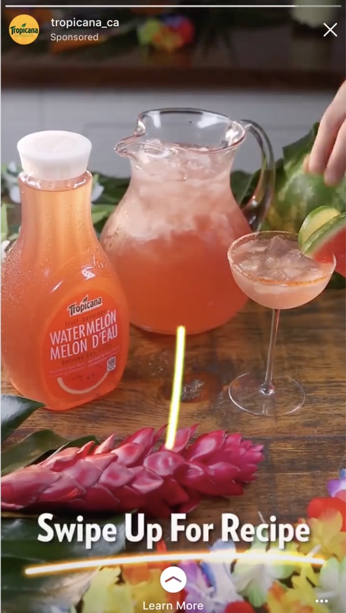 A Facebook story ad from Tropicana with "Swipe Up For Recipe" CTA