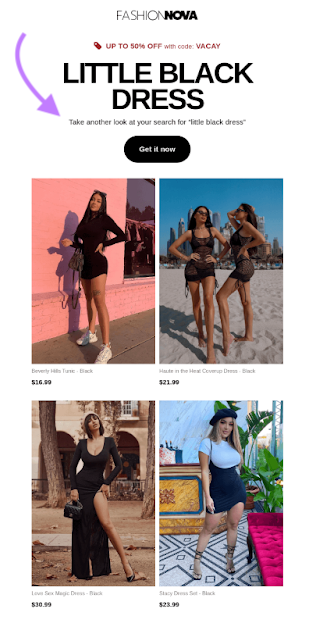 Fashion Nova's email reminding the user to take another look at their previous search ("little black dress")