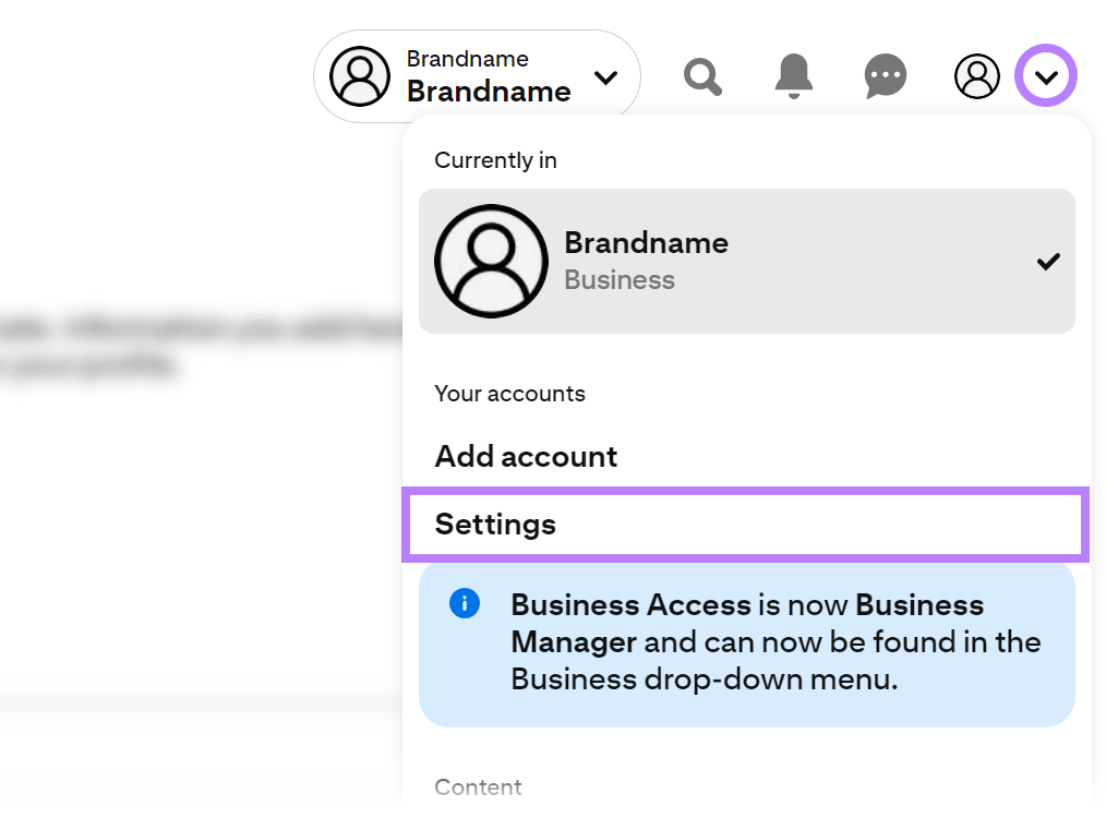 Pinterest account drop-down menu with the settings option highlighted.
