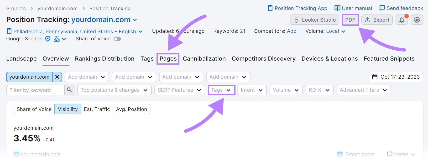 "Pages," "Tags" "PDF" buttons highlighted in the Position Tracking tool
