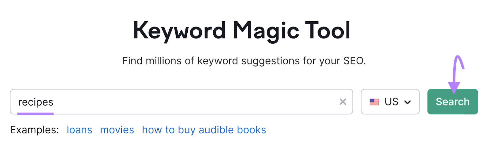 "recipes" entered into the Keyword Magic Tool search bar