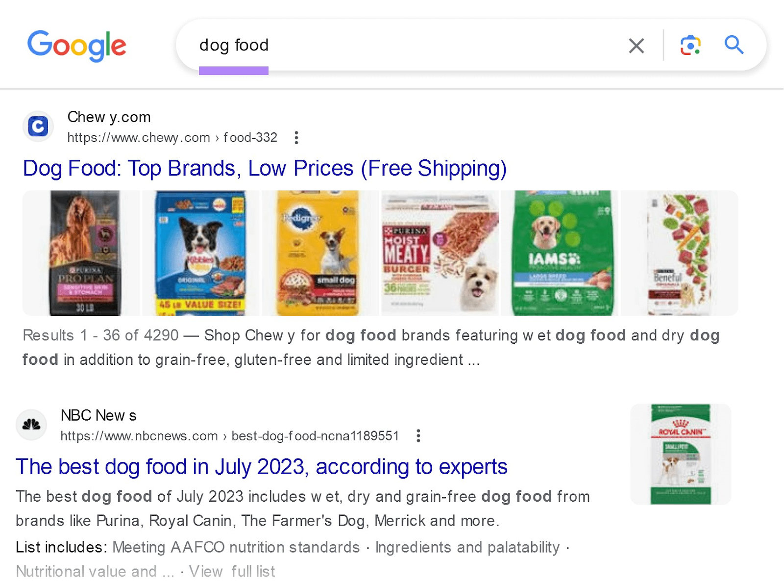 example of Google SERP with organic results when searching for “ food”