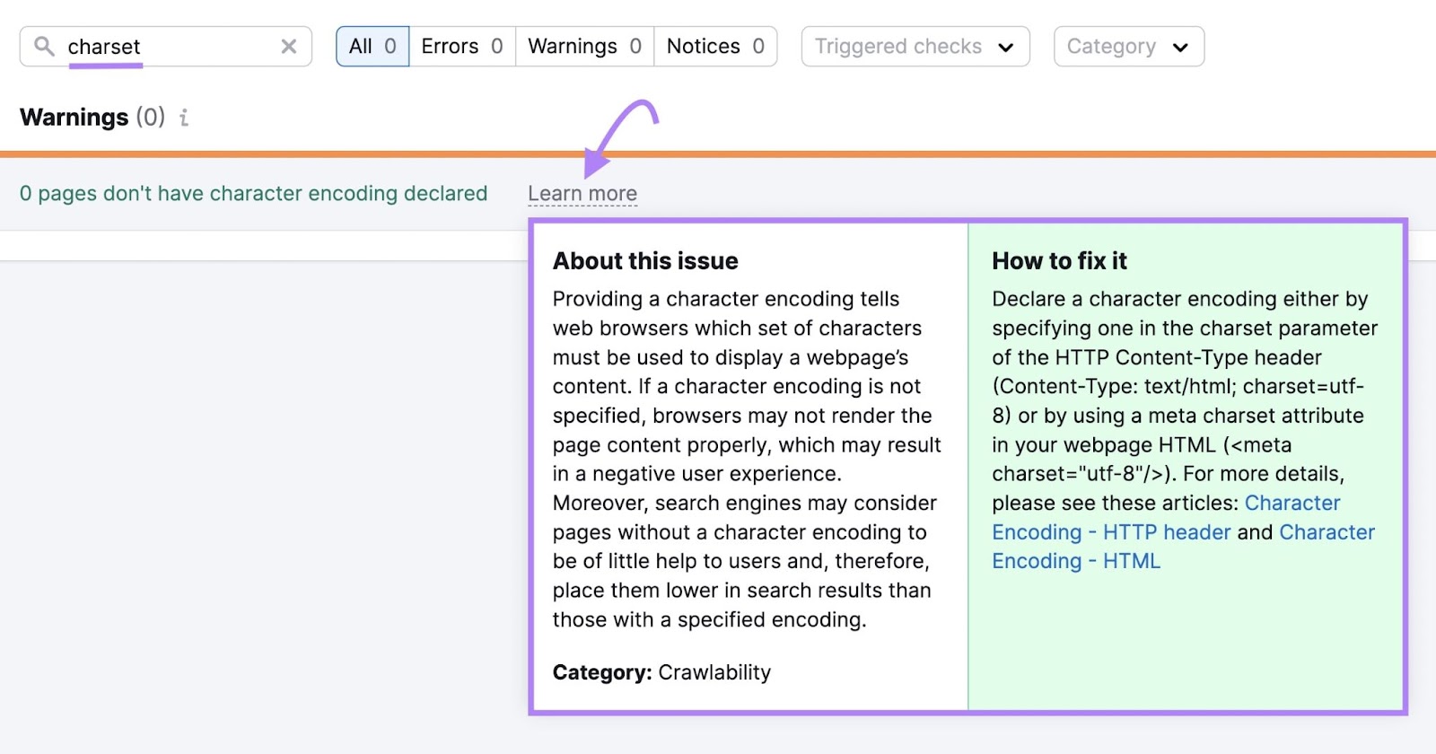 Charset issues highlighted connected  Semrush Site Audit instrumentality   on  with however  to hole  it box