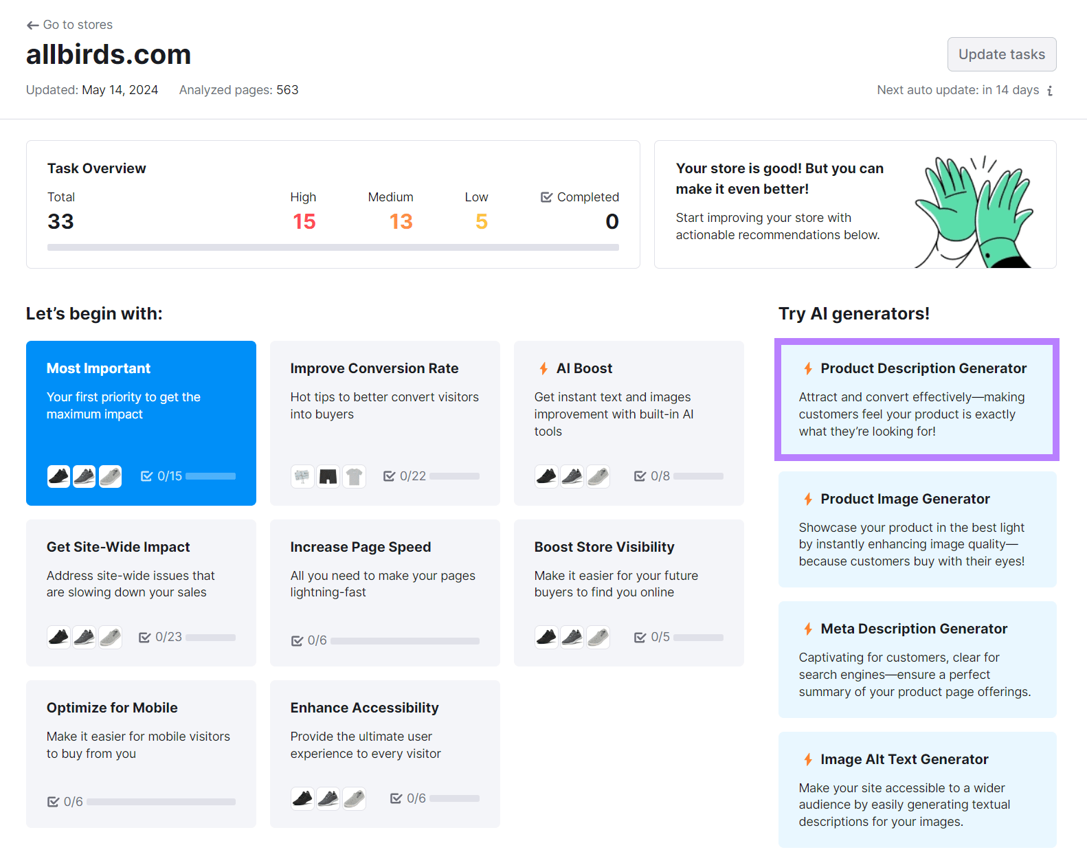 Ecommerce Booster post scan dashboard with Product Description Generator shortcut highlighted.