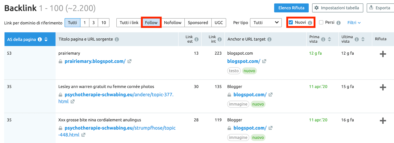 Analisi Backlink di SEMrush: imposta "Nuovo" e il tipo "Follow"