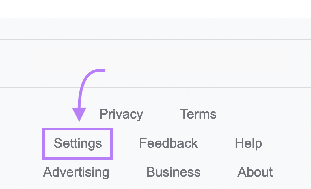 “Settings” at the bottom of the Google homepage