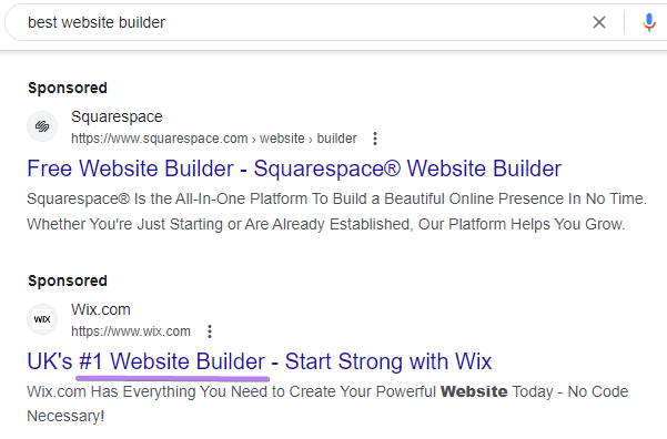 Wix “#1 Website Builder” in the Sponsored Google Ads section