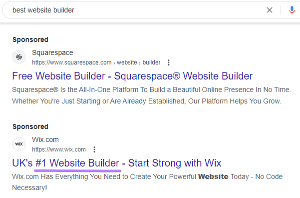 Wix "Constructor de sitios web nº 1" en la sección Anuncios patrocinados de Google