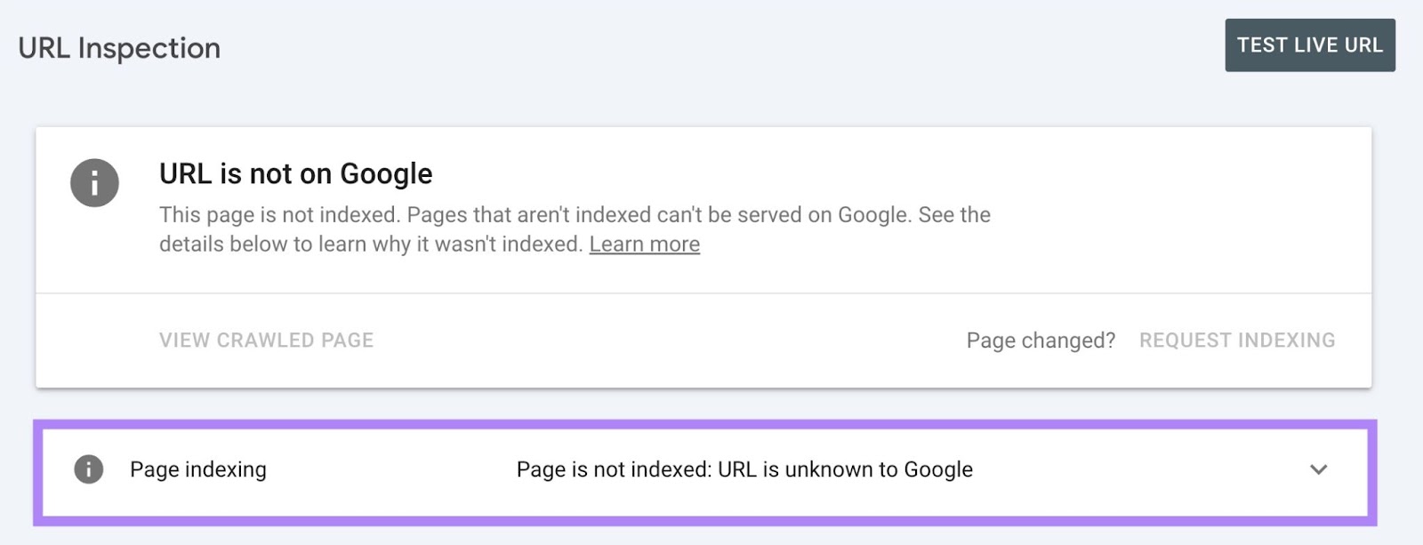 the result for a URL search on Google Search Console showing that the page is not indexed