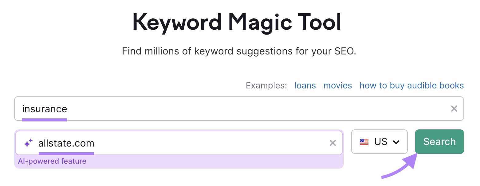 "Keyword Magic Tool" commencement  with "insurance" entered arsenic  the hunt  term, "allstate.com" arsenic  the domain, and "Search" clicked.