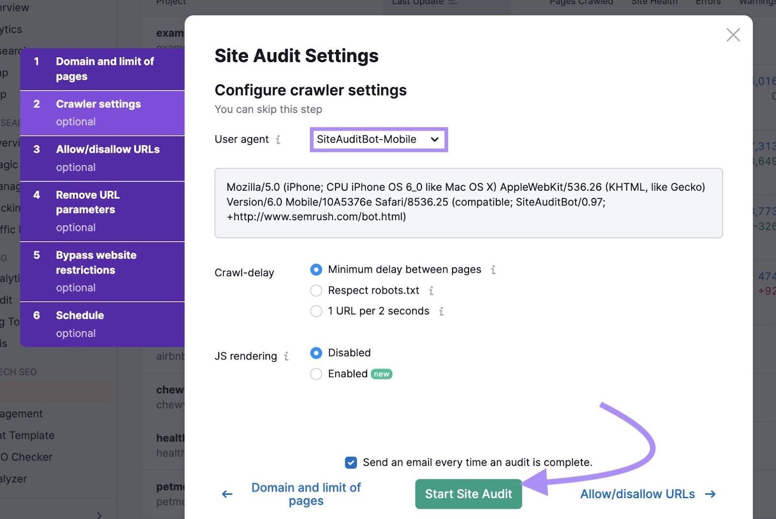 Configure crawler settings in Site Audit tool