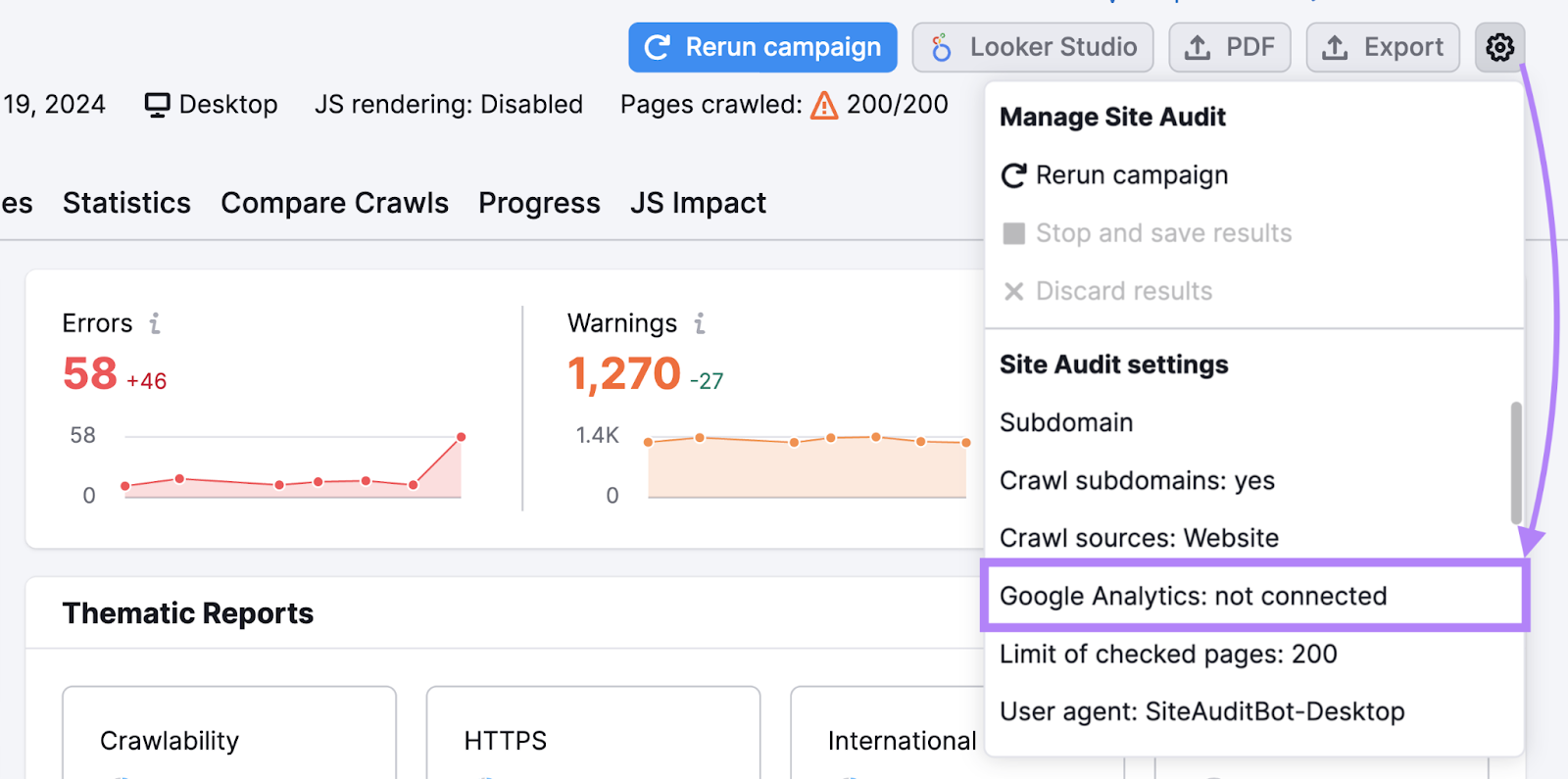 “Google Analytics: not connected" button in Site Audit tool