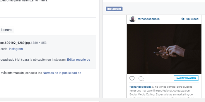 Partes del anuncio de Instagram