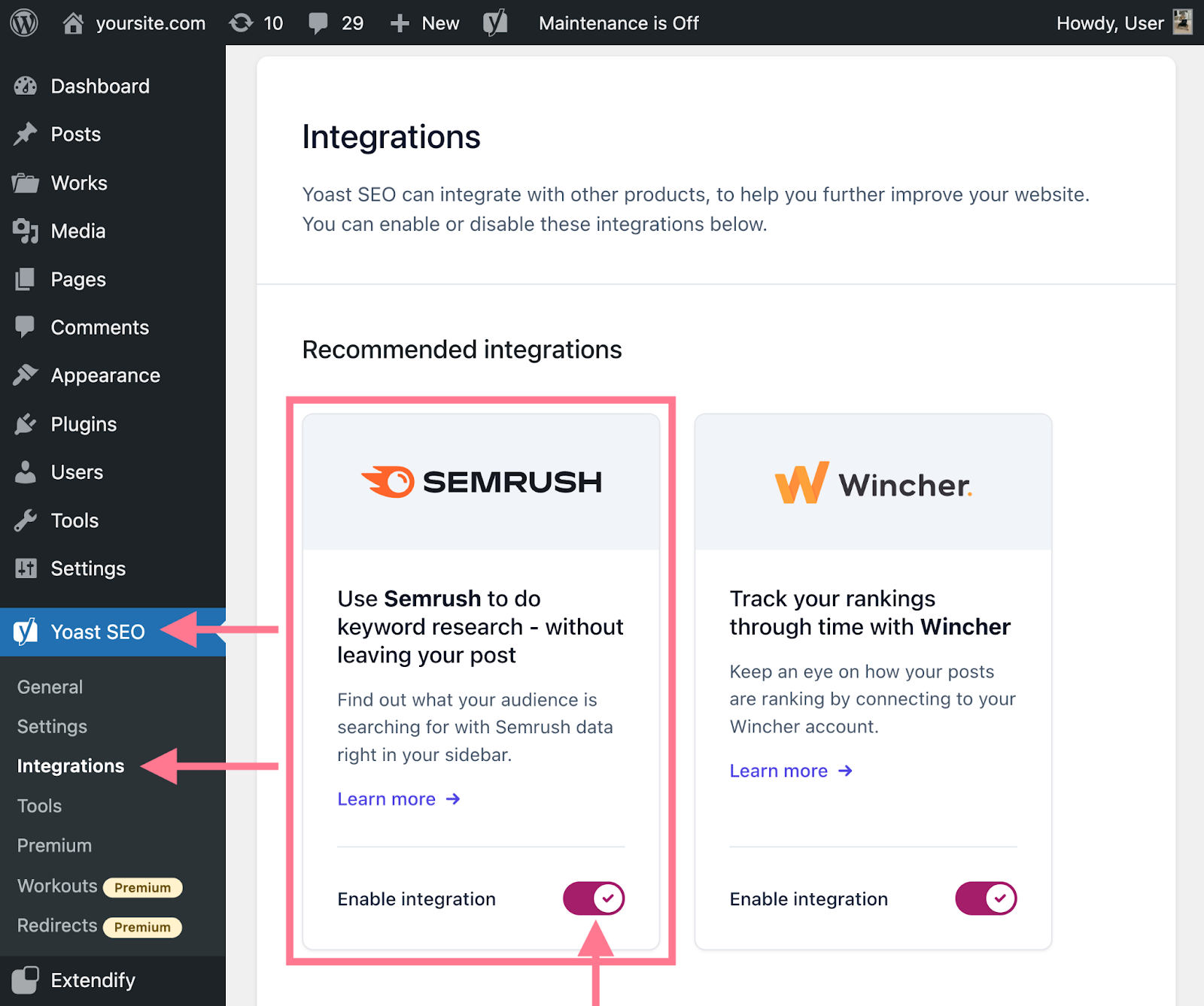 Integrations Yoast SEO and Semrush