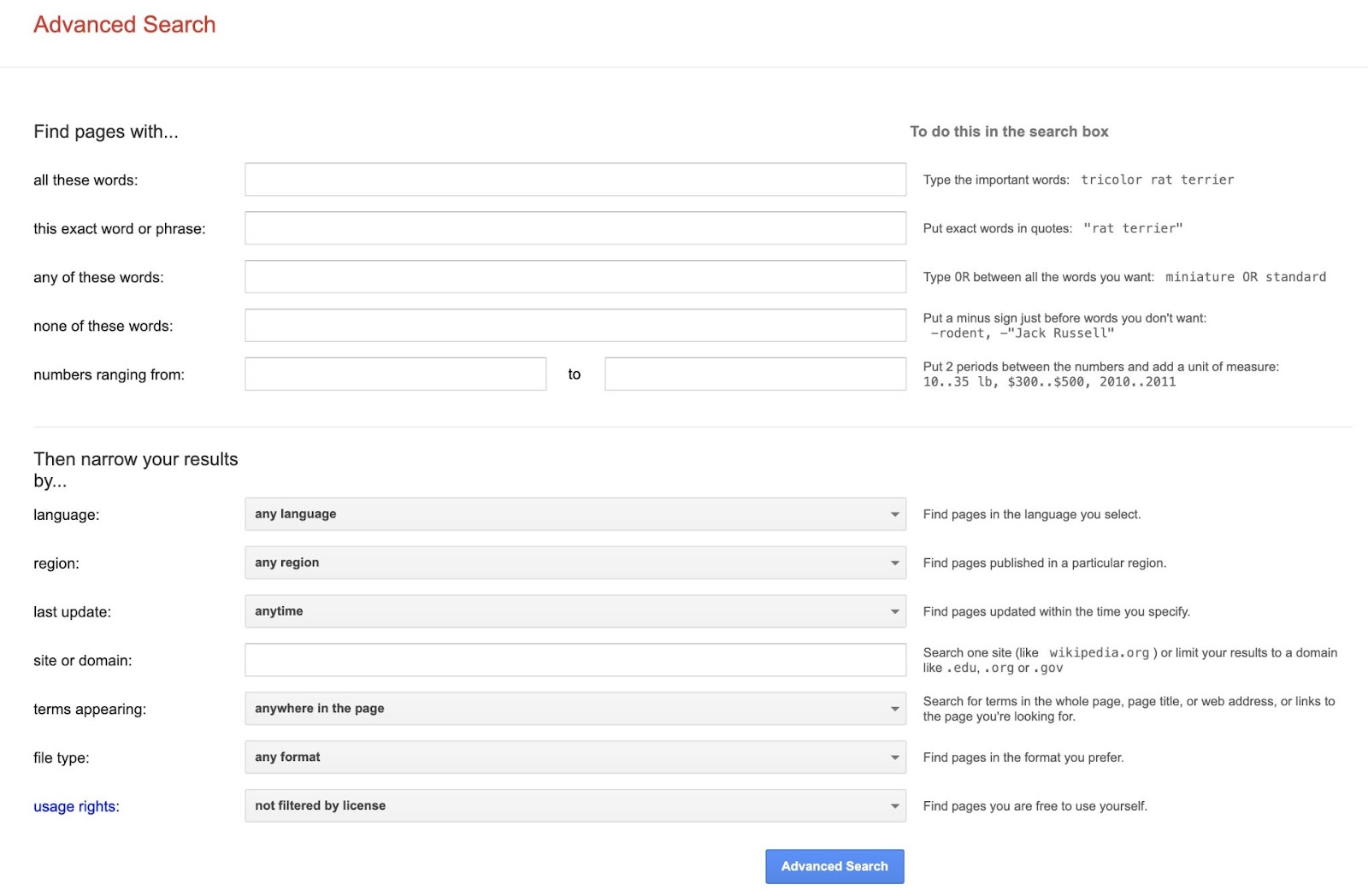 Advanced Search settings on Google with input fields for region, language, specific words, etc.