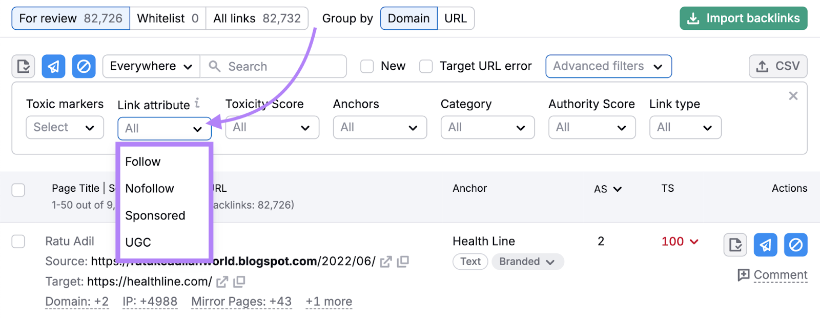 link attribute filter s،ws options for follow, nofollow, sponsored, and ugc backlinks