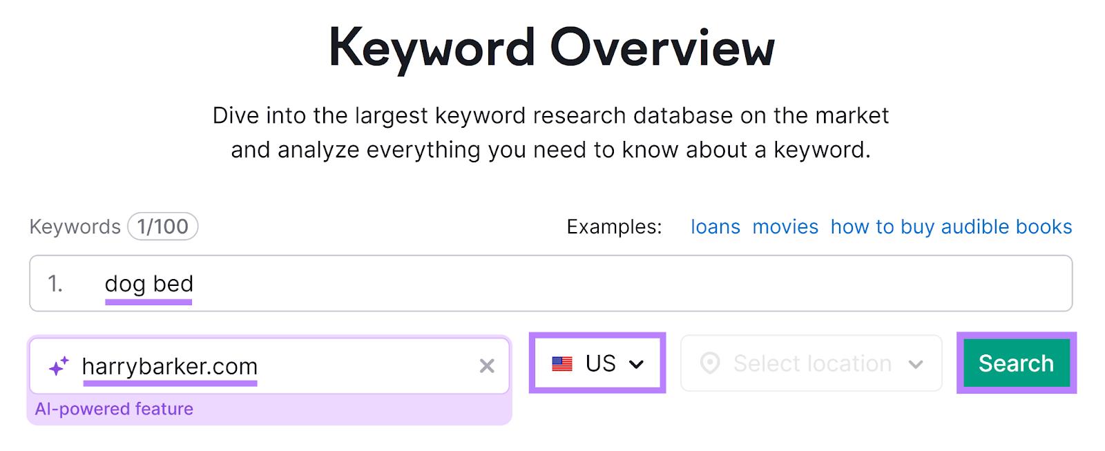Keyword Overview Tool start with keyword in search bar and location dropdown and Search button highlighted.