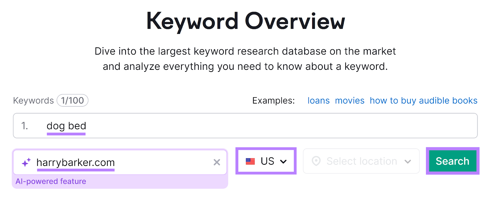 Keyword Overview Tool commencement  with keyword successful  hunt  barroom  and determination  dropdown and Search fastener  highlighted.