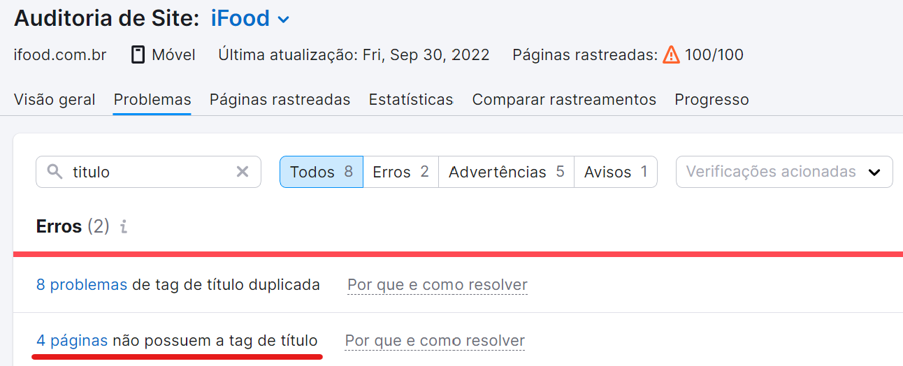 busca por erros de title tag ausente na ferramenta auditoria de site