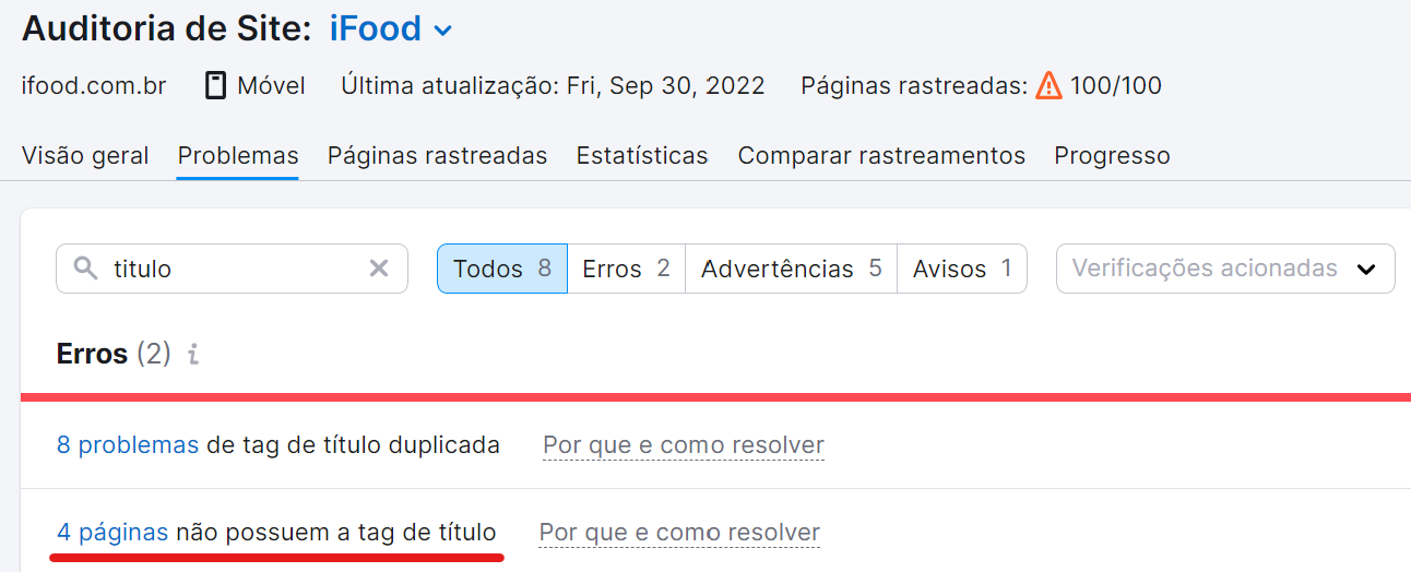 O que é title tag e como otimizá-la para SEO 12 busca por erros de title tag ausente na ferramenta auditoria de site
