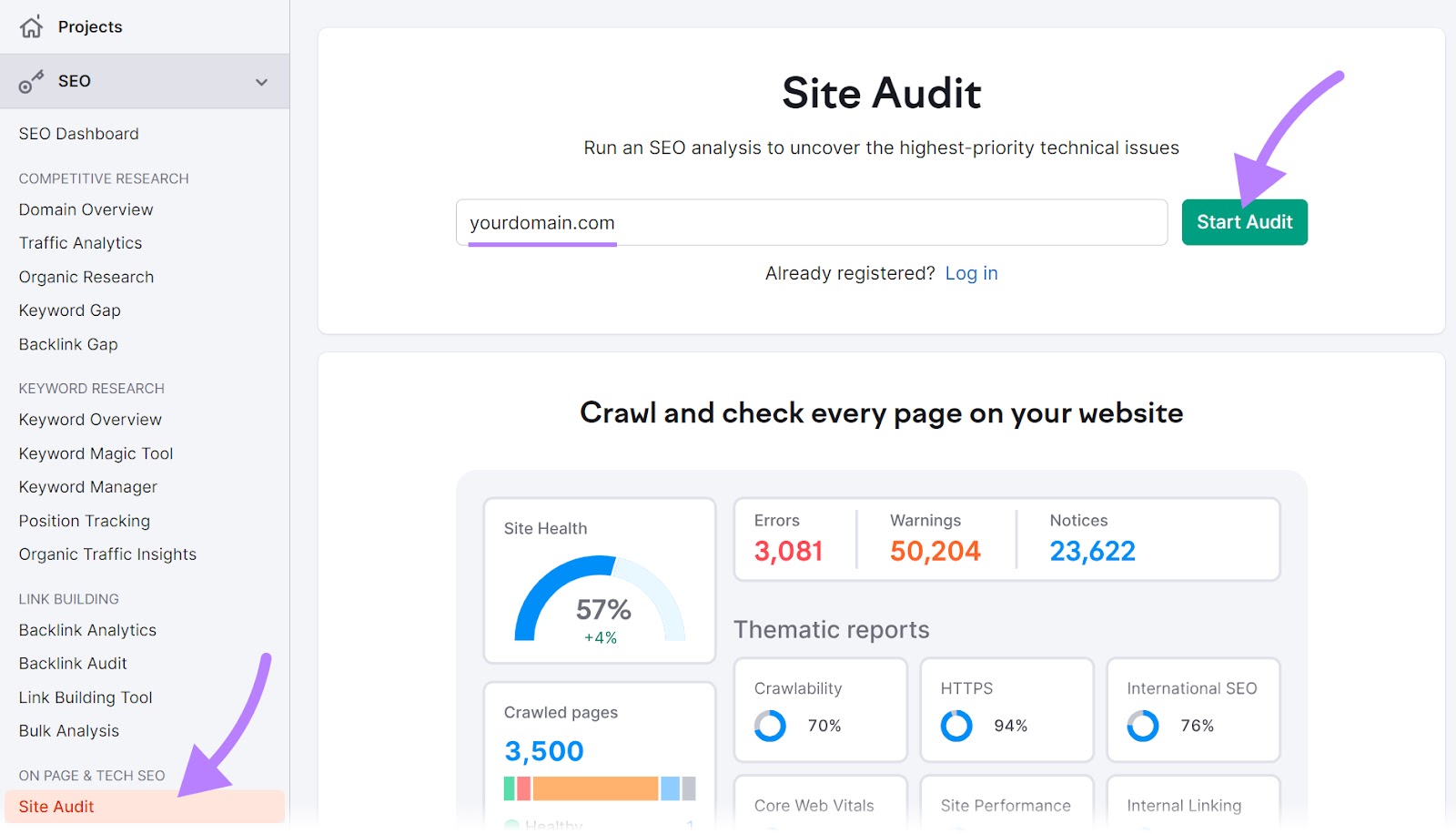 Site Audit tool landing page