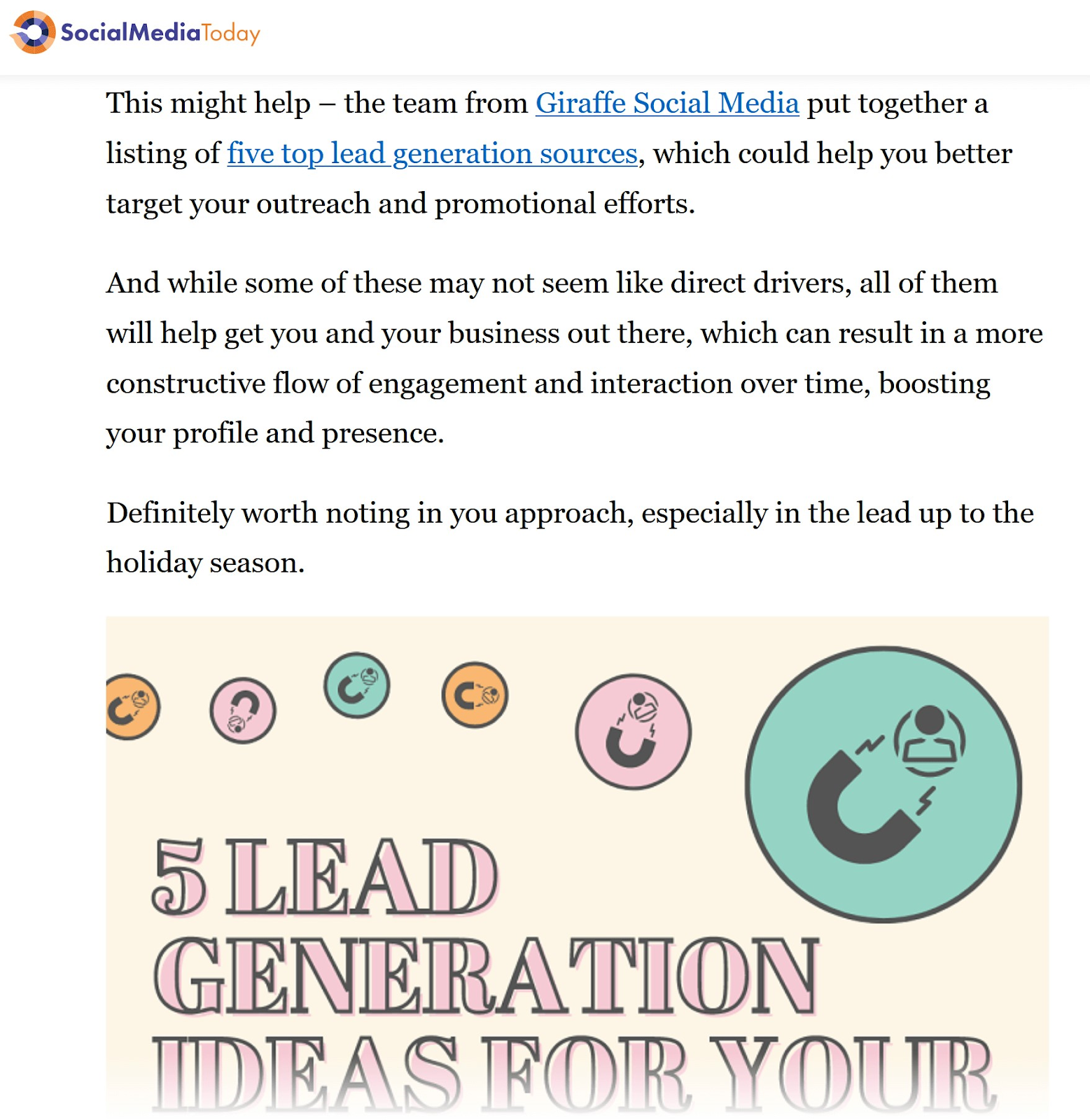 Social Media Today’s post about Giraffe’s infographic “five lead generation ideas”