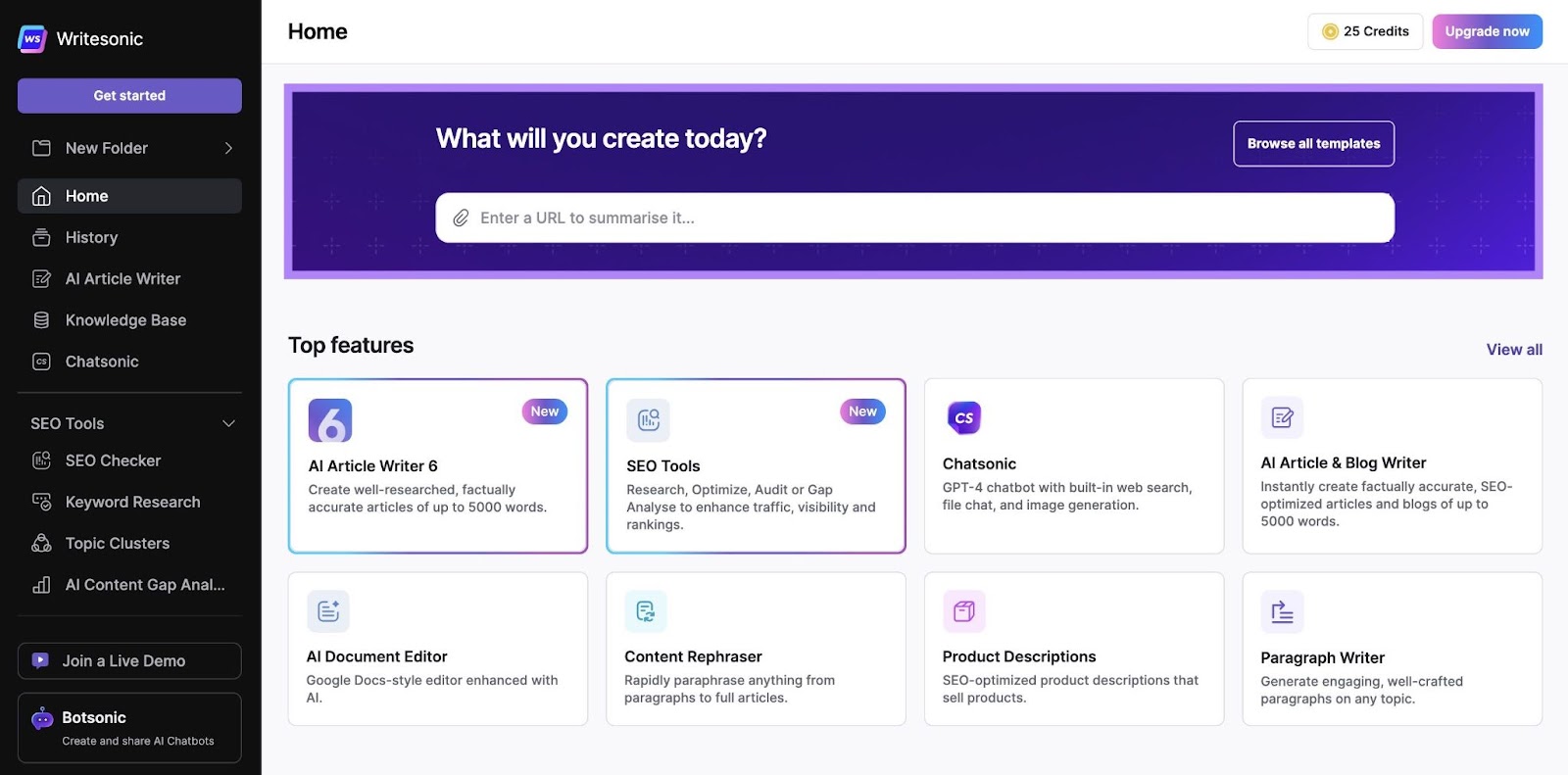 Writesonic dashboard home showing a menu bar, top features and an input box reading "What will you create today?".