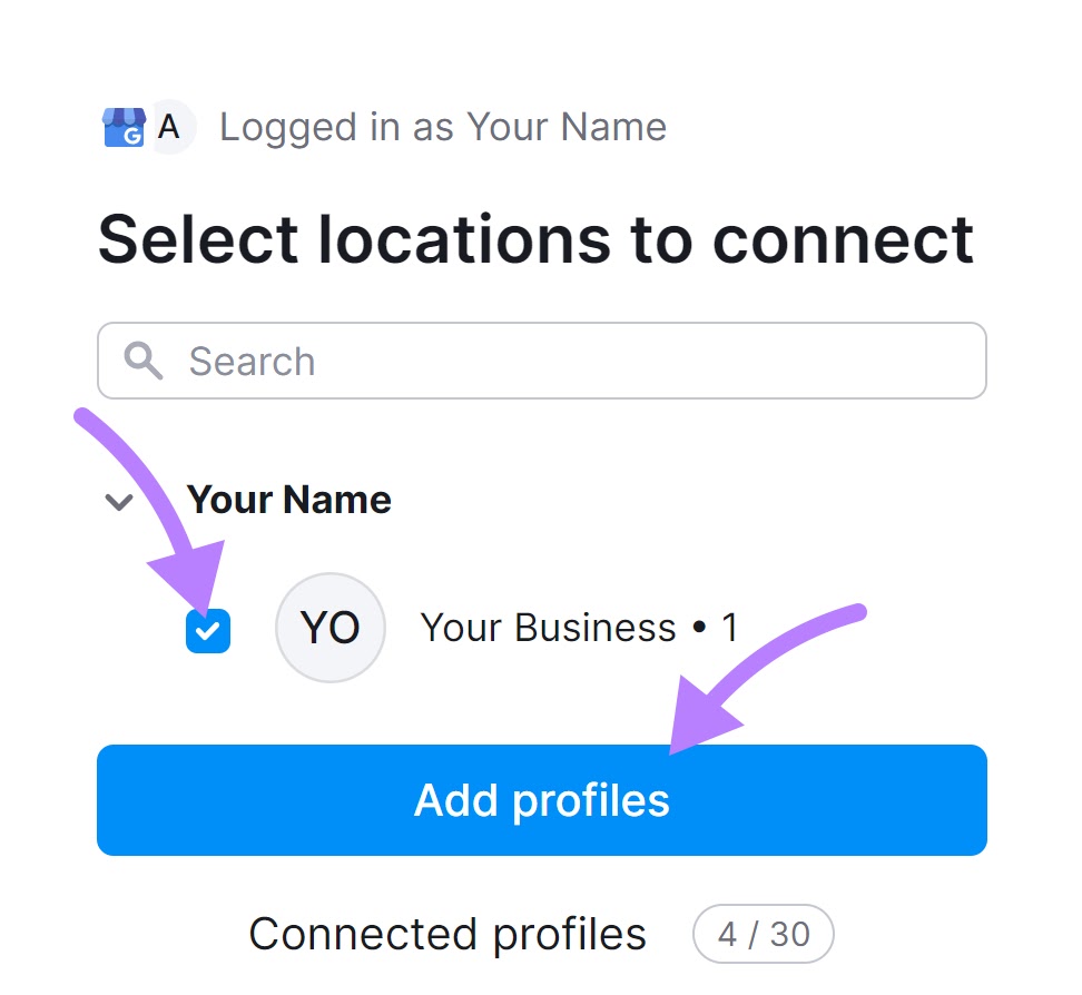 "Select locations to connect" window