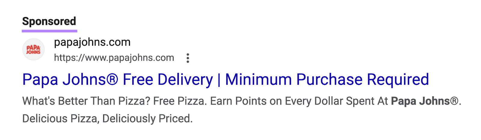 Une annonce payante pour Papa Johns sur la page d'accueil de Google