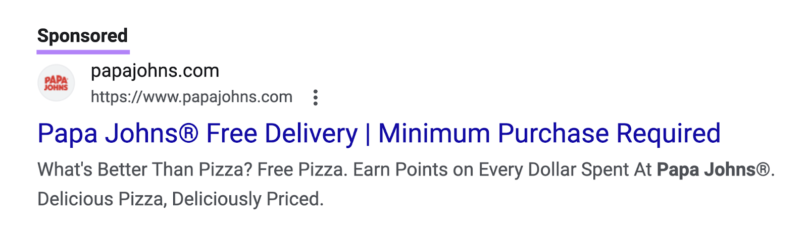 A paid ad for Papa Johns on Google SERP