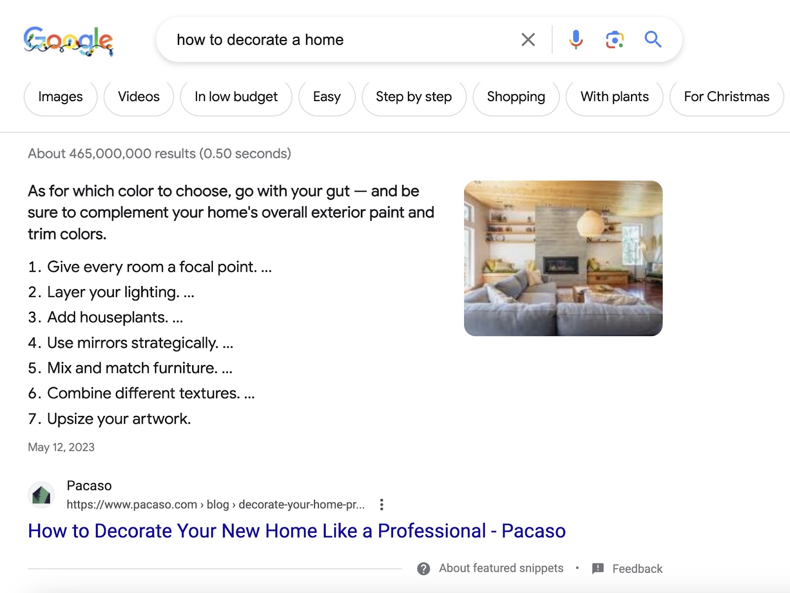 Pacaso's "how-to" article ranks as the featured snippet for "how to decorate a home" query
