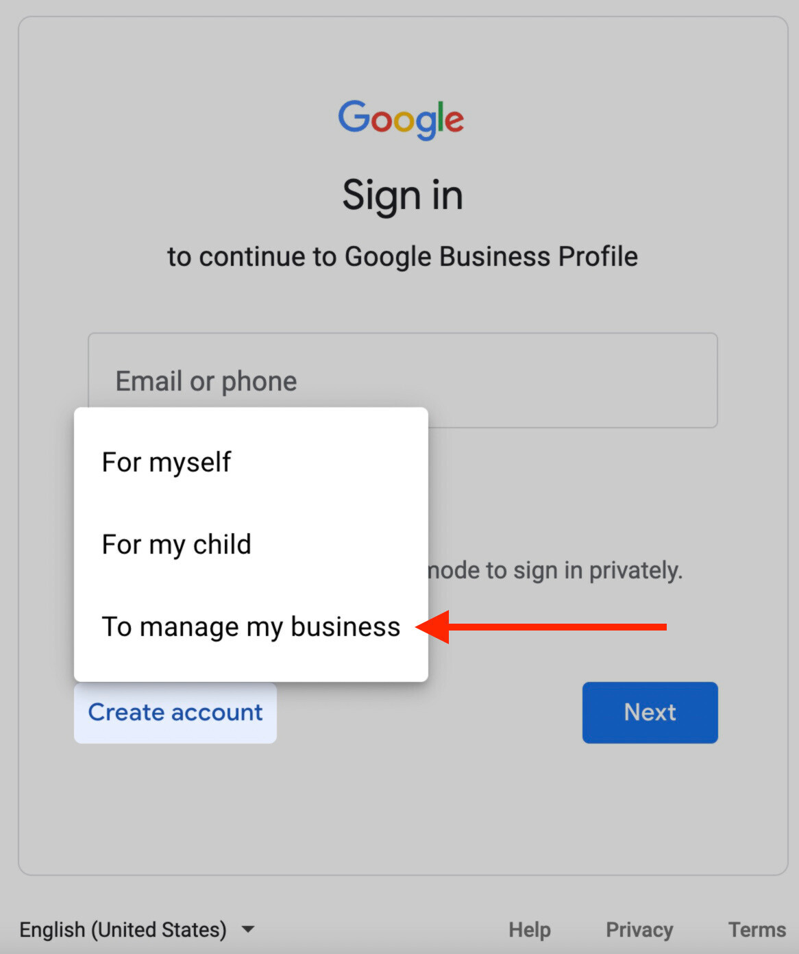 Faça login no Google para gerenciar sua empresa