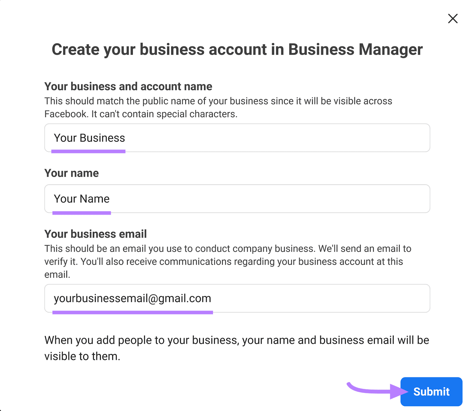 "Create your business account in Business Manager" window