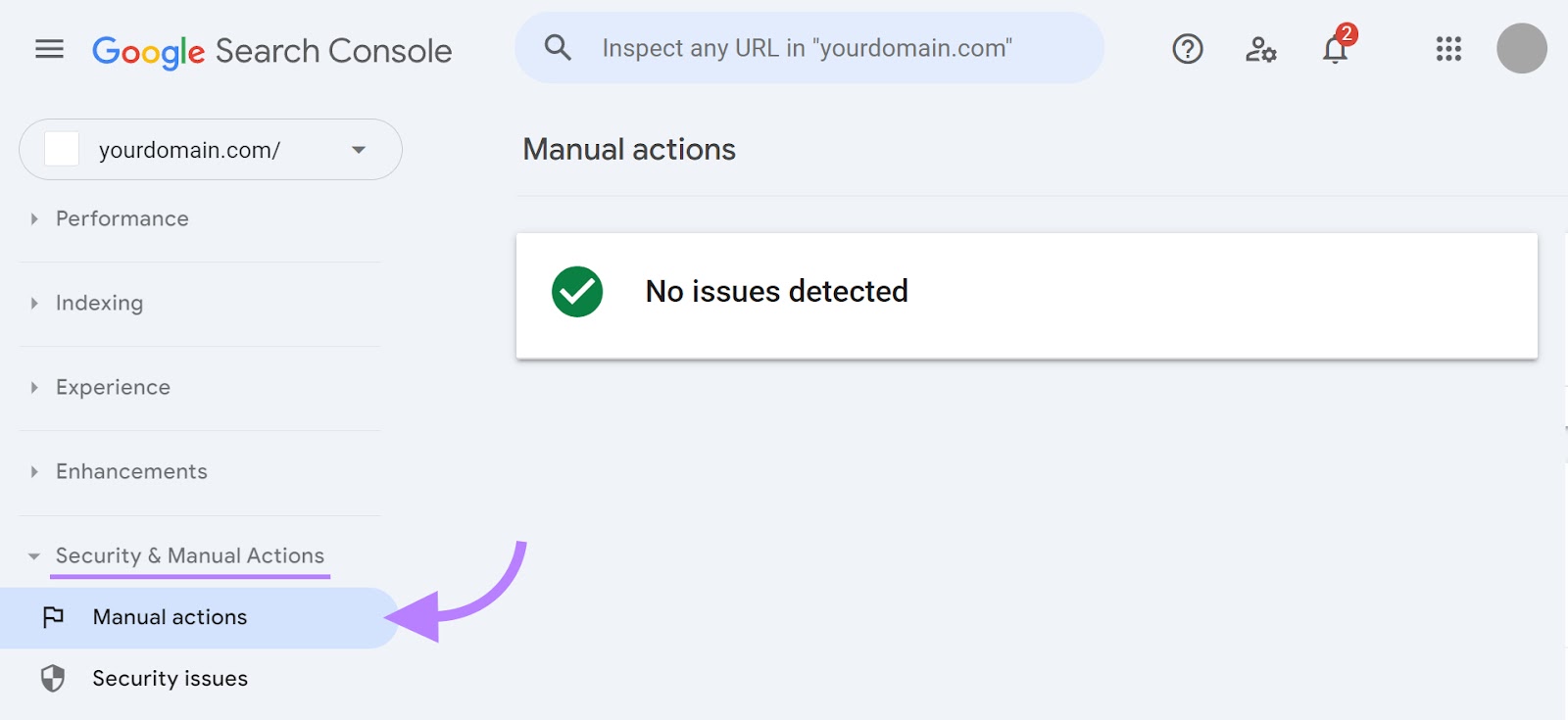 "Manual actions" tab of the Google Search Console tool.