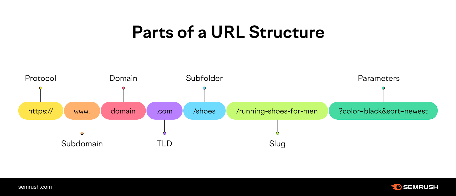 https:// is the protocol. www is the subdomain. Domain is the name of the site. .com is the TLD. Then, there are subfolders, slugs, and parameters.