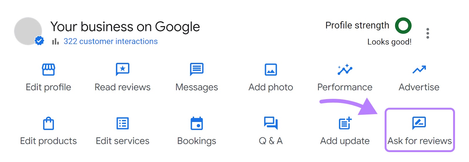 “Ask for reviews” button selected on Google My Business dashboard
