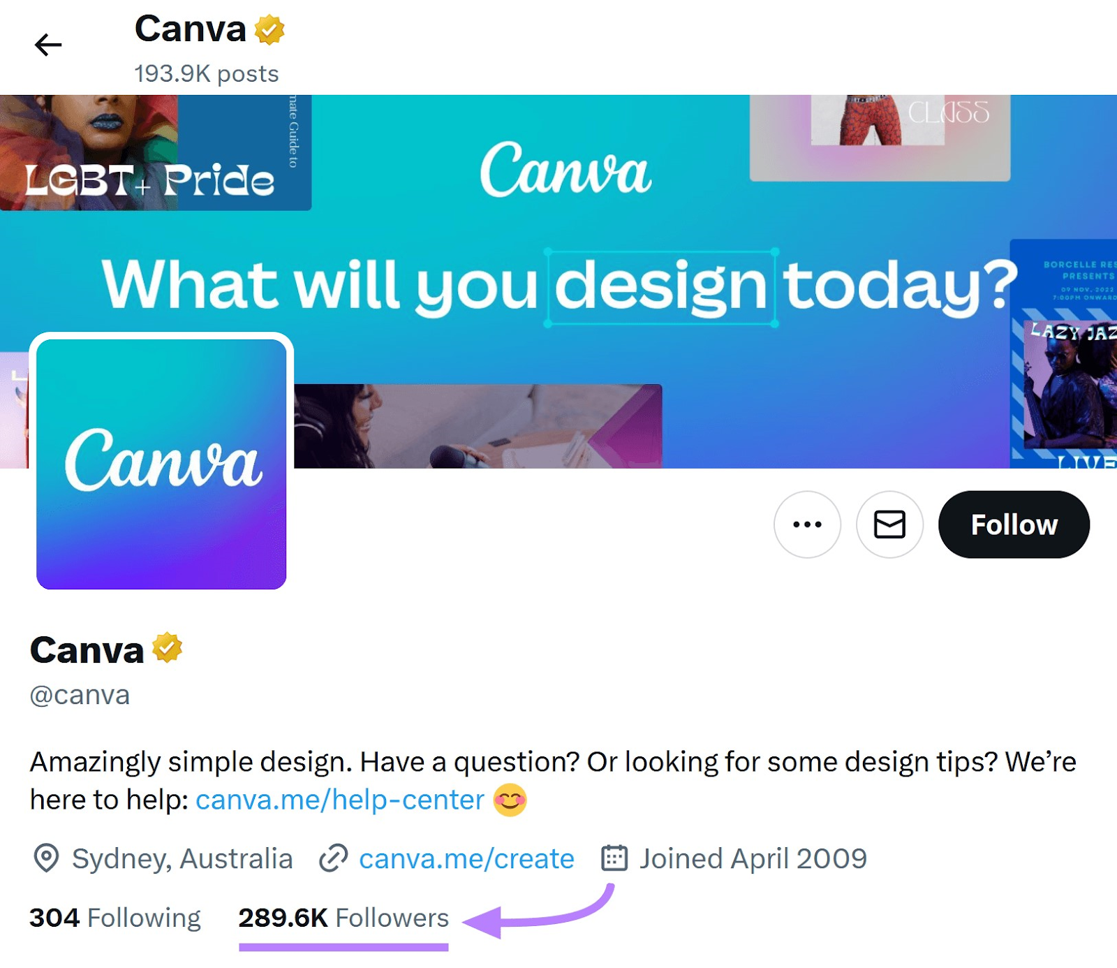 an example of Canva’s profile on X s،wing the number of followers