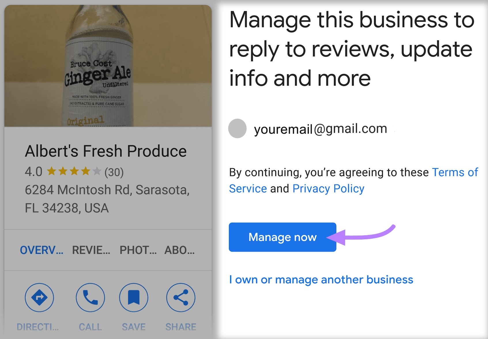 "Manage now" button highlighted for "Albert's Fresh Produce" business